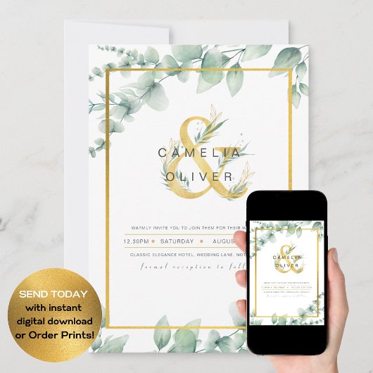 LeahG Eucalyptus Greenery Gold WEDDING QR CODE Inv Einladung