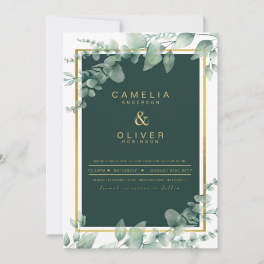 LeahG Eucalyptus Greenery Gold WEDDING QR CODE Inv Einladung (Vorderseite)