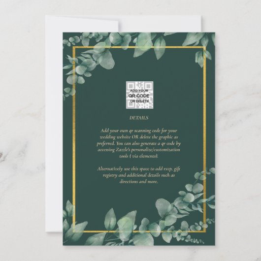 LeahG Eucalyptus Greenery Gold WEDDING QR CODE Inv Einladung (Rückseite)