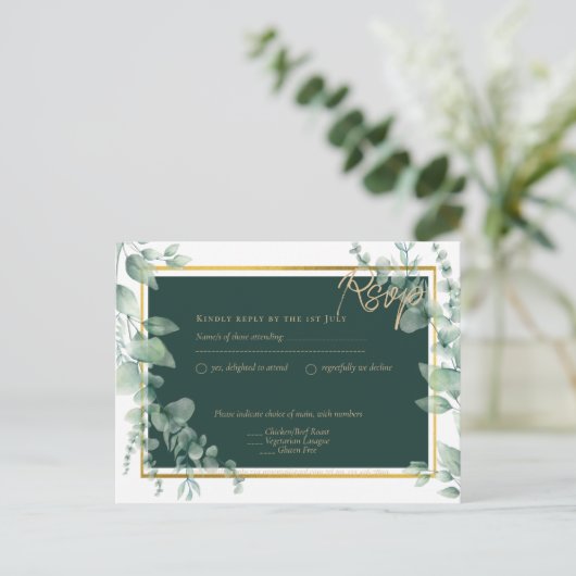 LeahG Eucalyptus Greenery Gold WEDDING QR CODE Postkarte (Stehend Vorderseite)