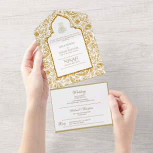 LeahG Gold Paisley Islamische Muslimische Hochzeit All In One Einladung