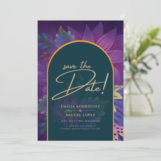 LeahG Green Lila Gold JEWEL TONES Wedding INVITE Einladung (Stehend Vorderseite)