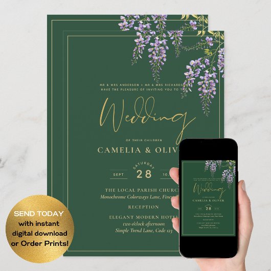 LeahG Green Lila Gold WISTERIA Wedding INVITE Einladung