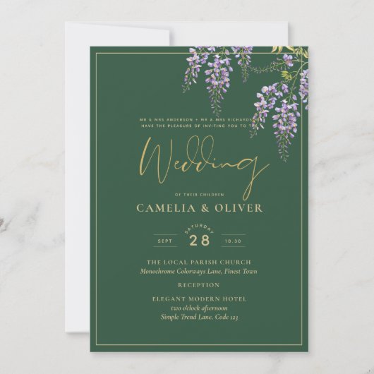 LeahG Green Lila Gold WISTERIA Wedding INVITE Einladung (Vorderseite)