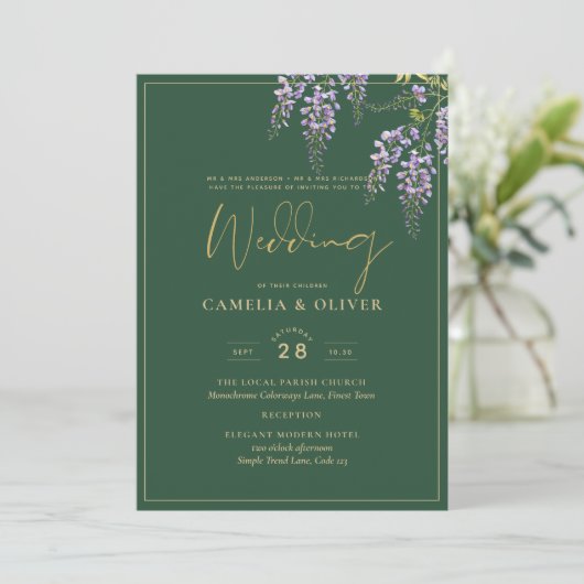 LeahG Green Lila Gold WISTERIA Wedding INVITE Einladung (Stehend Vorderseite)