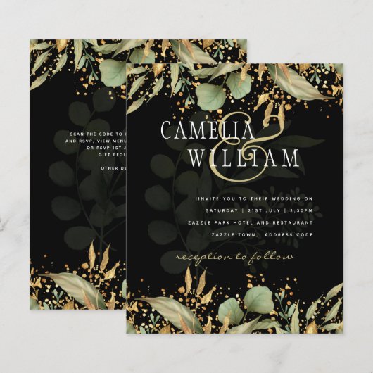LeahG Greenery Blätter Black Gold Wedding Einladun (Vorne/Hinten)