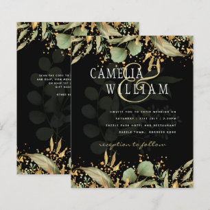 LeahG Greenery Blätter Black Gold Wedding Einladun