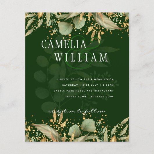 LeahG Greenery Blätter Green Gold Wedding Einladun (Vorderseite)