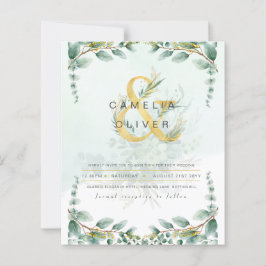 LeahG Greenery Eucalyptus Gold Wedding Invite QR C