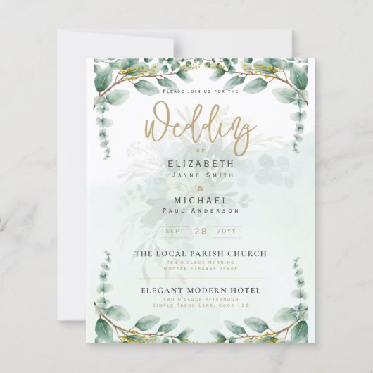 LeahG Greenery Eucalyptus Gold Wedding Invite QR C (Vorderseite)