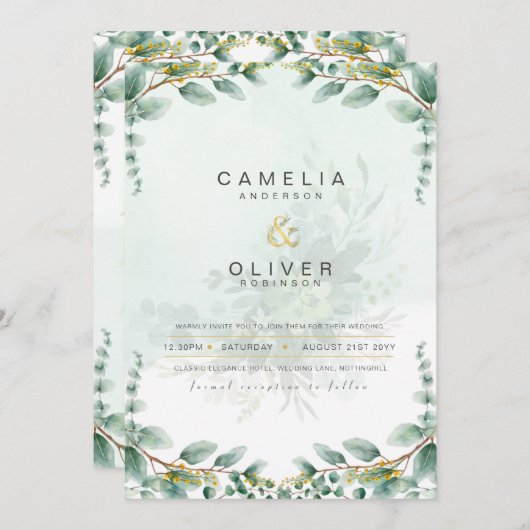 LeahG Greenery Eucalyptus Gold Wedding Invite QR C Einladung (Vorne/Hinten)