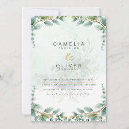LeahG Greenery Eucalyptus Gold Wedding Invite QR C Einladung