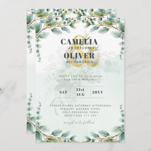 LeahG Greenery Eucalyptus Gold Wedding Invite QR C Einladung (Vorne/Hinten)