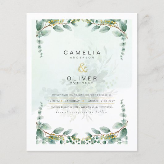 LeahG Greenery Eucalyptus Gold Wedding Invite QR C Flyer (Vorne)