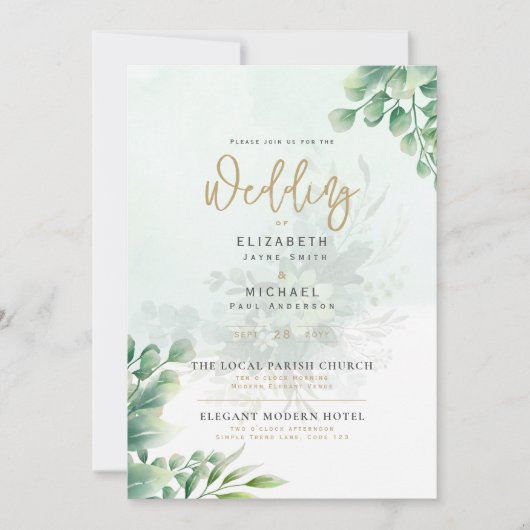 LeahG Greenery Gold FOTO Wedding Einladung (Vorderseite)