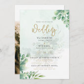 LeahG Greenery Gold FOTO Wedding Einladung (Vorne/Hinten)