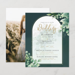 LeahG Greenery Gold FOTO Wedding Einladung