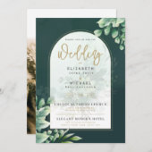 LeahG Greenery Gold FOTO Wedding Einladung (Vorne/Hinten)