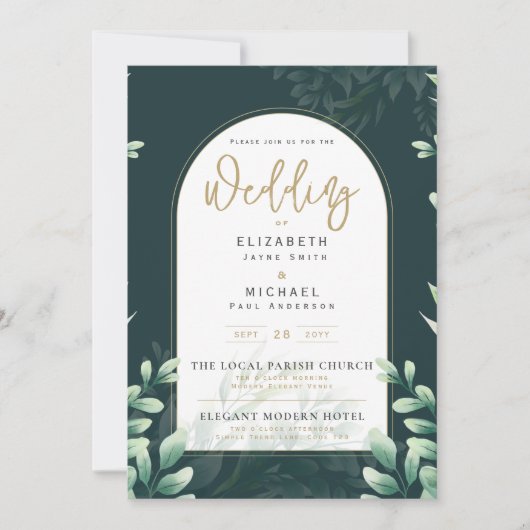 LeahG Greenery Gold FOTO Wedding Einladung (Vorderseite)