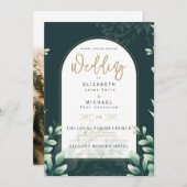 LeahG Greenery Gold FOTO Wedding Einladung (Vorne/Hinten)