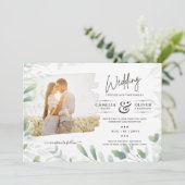 LeahG Greenery Leaves FOTO OVERLAY Wedding Einladu Einladung (Stehend Vorderseite)