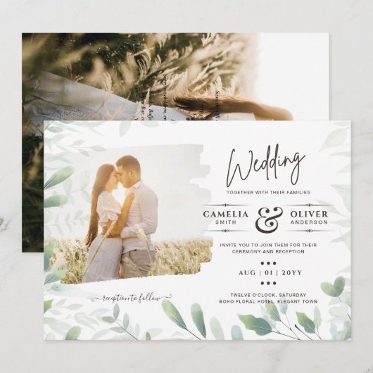 LeahG Greenery Leaves FOTO OVERLAY Wedding Einladu Einladung (Vorne/Hinten)
