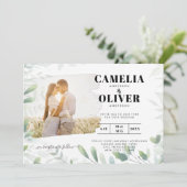 LeahG Greenery Leaves FOTO OVERLAY Wedding Einladu Einladung (Stehend Vorderseite)