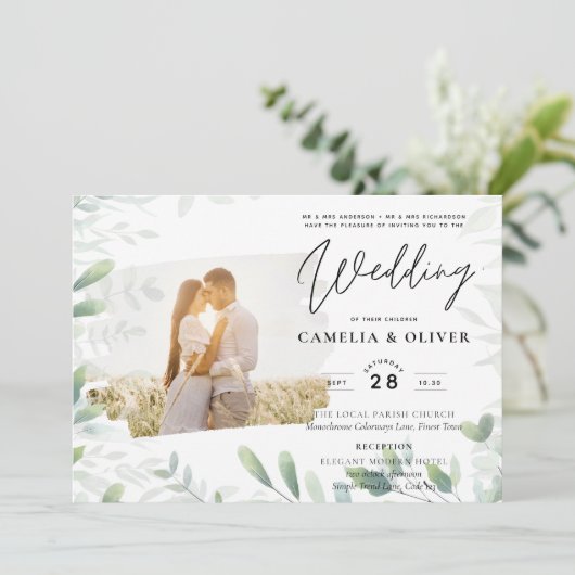 LeahG Greenery Leaves FOTO OVERLAY Wedding Einladu Einladung (Stehend Vorderseite)