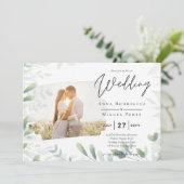 LeahG Greenery Leaves FOTO OVERLAY Wedding Einladu Einladung (Stehend Vorderseite)
