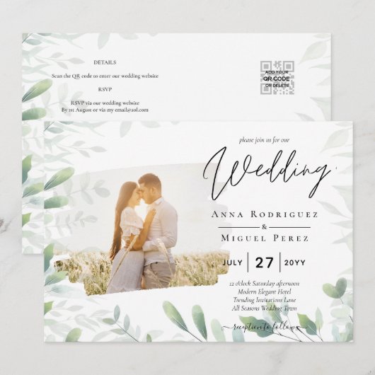 LeahG Greenery Leaves FOTO OVERLAY Wedding Einladu Einladung (Vorne/Hinten)