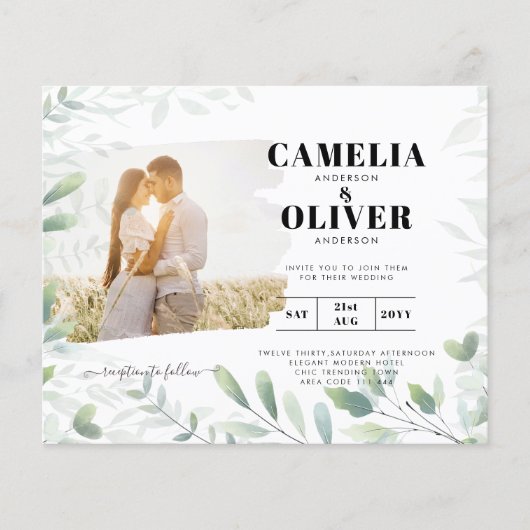 LeahG Greenery Leaves FOTO OVERLAY Wedding Einladu Flyer (Vorne)