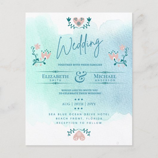 LeahG HAUSHALT Hochzeit Einladung Folk Art Aquamar (Vorderseite)