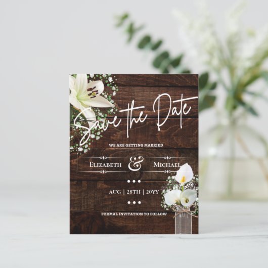 LeahG HAUSHALT Save the Date Rustikale Cala-Lilien (Stehend Vorderseite)