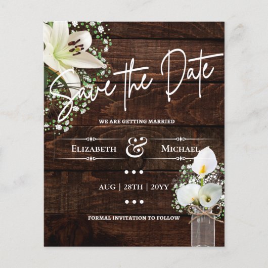 LeahG HAUSHALT Save the Date Rustikale Cala-Lilien (Vorderseite)