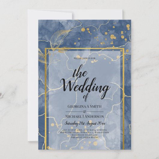 LeahG INK Navy Blue Gold Wedding Einladung (Vorderseite)