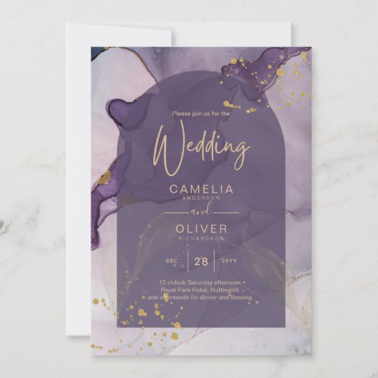 LeahG Ink Ombre Lila Lavender Gold Wedding Einladung (Vorderseite)