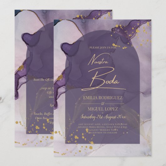 LeahG Ink Ombre Lila Lavender Gold Wedding Einladung (Vorne/Hinten)