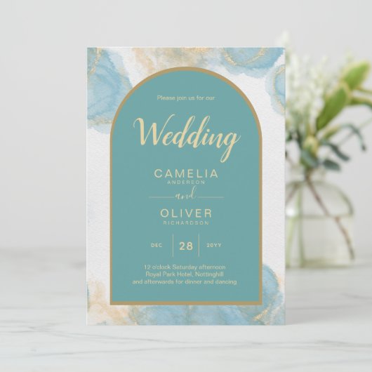 LeahG INK Sea Glass Türkis Aquamarin Gold INVITE Einladung (Stehend Vorderseite)