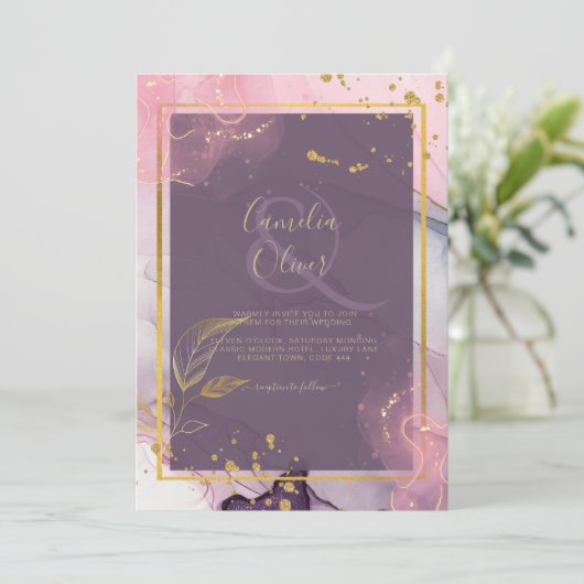 LeahG® Lavender INK Mauve Lila Gold Wedding Einladung (Stehend Vorderseite)