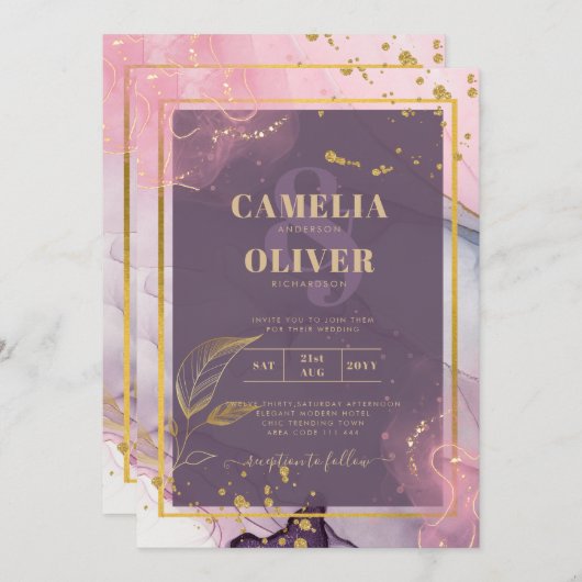 LeahG® Lavender INK Mauve Lila Gold Wedding Einladung (Vorne/Hinten)