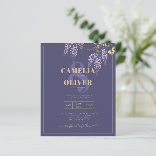 LeahG Lila Gold WISTERIA Floral Wedding INVITE (Stehend Vorderseite)