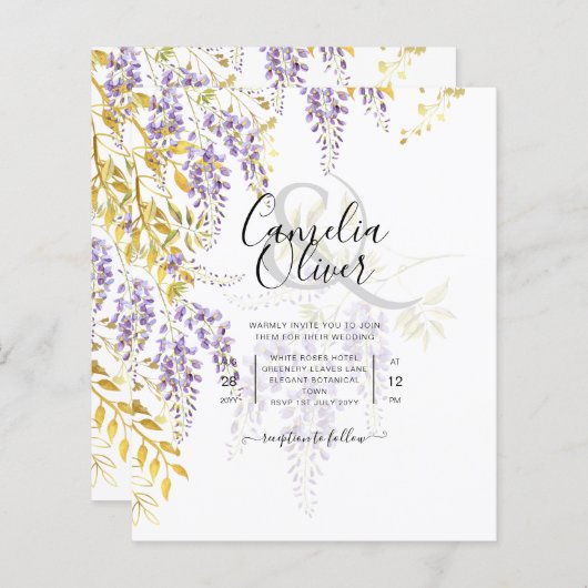 LeahG Lila Gold WISTERIA Floral Wedding INVITE (Vorne/Hinten)