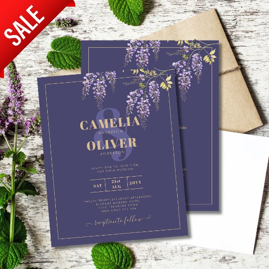 LeahG Lila Gold WISTERIA Floral Wedding INVITE