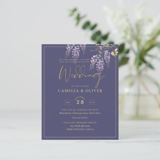 LeahG Lila Gold WISTERIA Floral Wedding INVITE (Stehend Vorderseite)