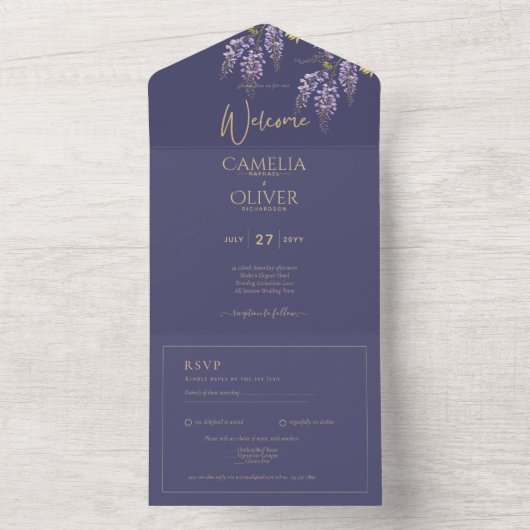 LeahG Lila Gold WISTERIA Floral Wedding INVITE All In One Einladung (Innen Boden)
