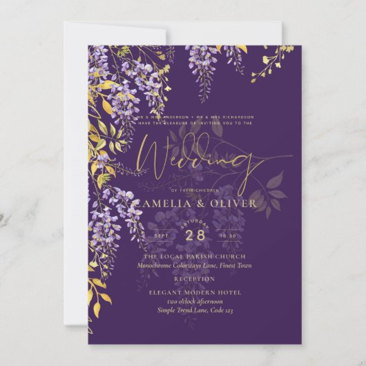 LeahG Lila Gold WISTERIA Floral Wedding INVITE Einladung (Vorderseite)