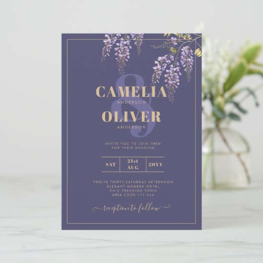 LeahG Lila Gold WISTERIA Floral Wedding INVITE Einladung (Stehend Vorderseite)