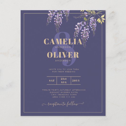 LeahG Lila Gold WISTERIA Floral Wedding INVITE Flyer (Vorne)