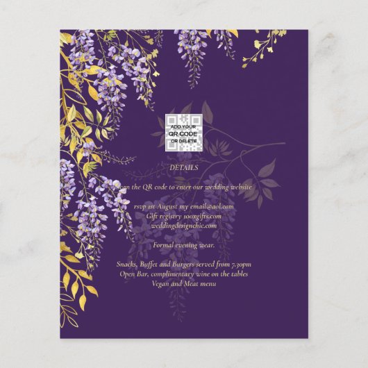 LeahG Lila Gold WISTERIA Floral Wedding INVITE Flyer (Hinten)