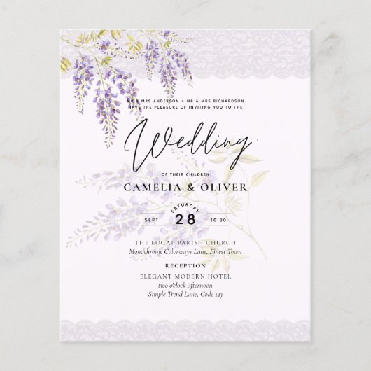 LeahG Lila WISTERIA Lace Floral Wedding INVITE (Vorderseite)